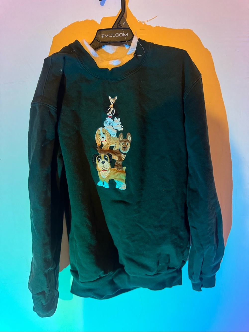 Cracker Barrel Dark Green Crewneck Sweater with Dog Stack Embroidery